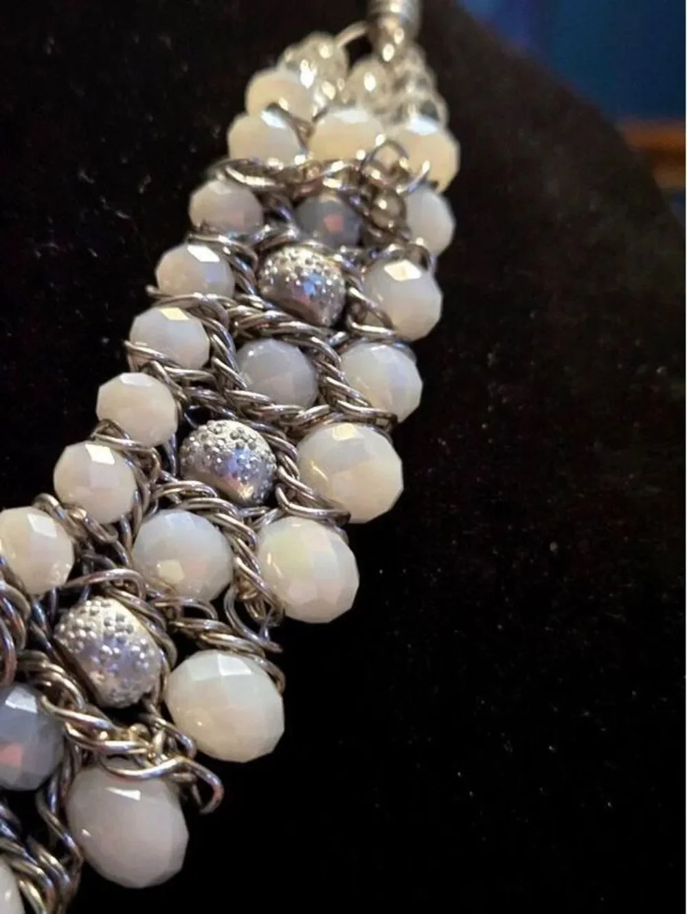 Multi-Strand White Faceted Glass Bead Statement Bib Necklace